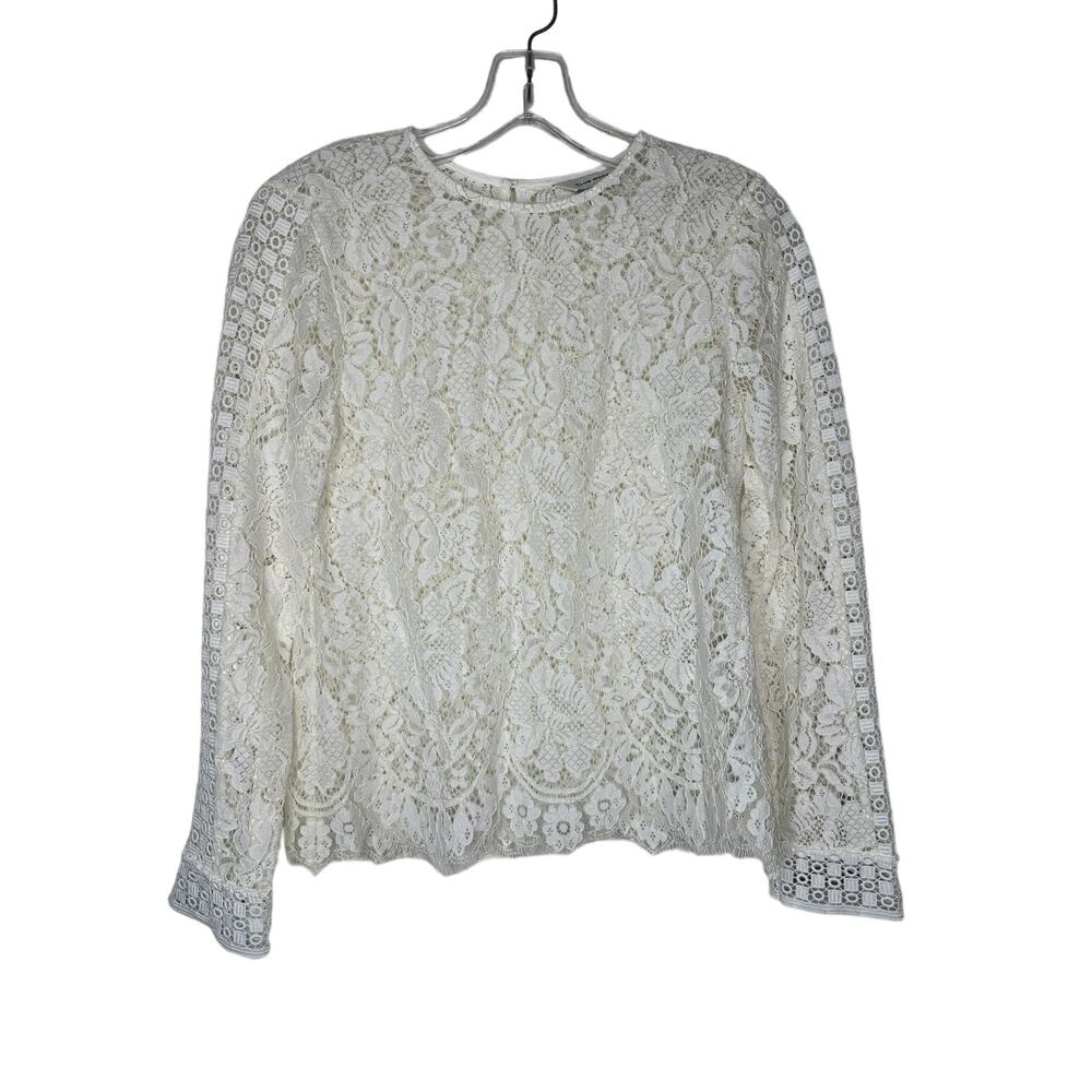 Club Monaco Ivory Lace Round Neck Keyhole Back Long Sleeve Scallop Hem Blouse XS